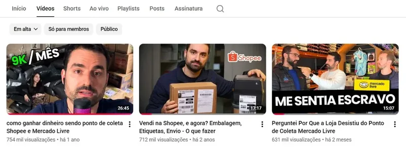 Aba de vídeos do canal @ajudavitor no YouTube